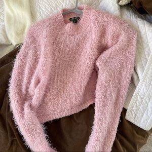 pink cropped fuzzy sweater !!